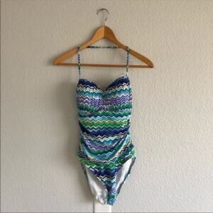 La Blanca Blue Green One Piece Halter NWOT chevron